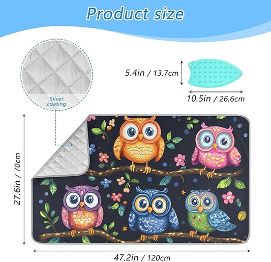Vibrant Owls Branches Flowers Spring Ironing Mat Portable Ironing Pad Blanket with Silicone Iron Rest for Table Top Travel Heat Resistant Double-Side Using Large 47x28 Inch Foldable