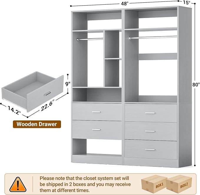 Besiost 4FT Closet Systems with 5 Wood Drawers, 48 Inch Closet Organizer System with 2 Hanging Rods & 7 Shelves, Heavy Duty 48" Walk-in Closet, Grey (48"L x 15" W x 80" H)