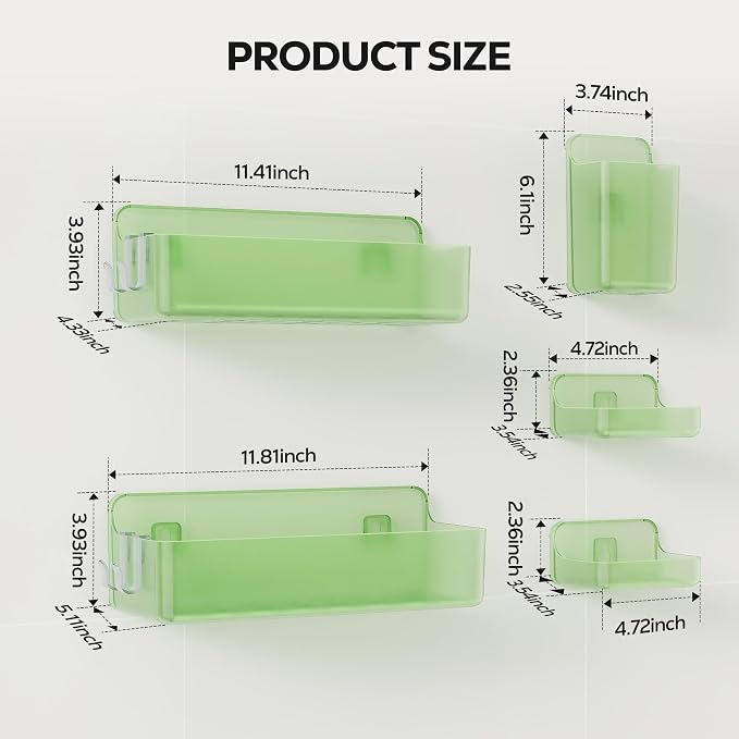 Nieifi Adhesive Shower Shelves, Green, 5 Pieces | Rustproof ABS, Large Capacity, Removable Design, Easy-Clean, No Drilling Shower Organizer for Bathroom Storage & Home Decor