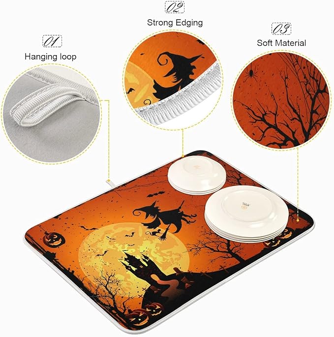Happy Halloween Fall Pumpkin Witch Dish Drying Mat 16x18 for Kitchen Counter Spooky Castle Bats Trick or Treat Reversible Dishes Draining Mats Medium Absorbent Fast Dry Pad Halloween Accessories