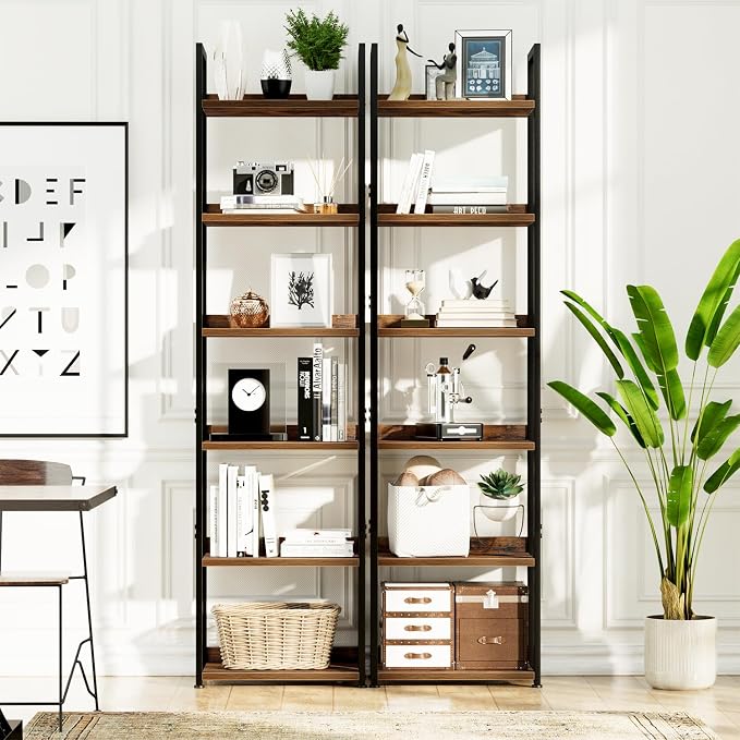 NUMENN Narrow Bookshelf, 6 Tier Freestanding Shelving Unit, Vintage | Metal Frame & Wood Shelves, Falling Prevention Baffle, Open Storage Bookcase for Bedroom, Living Room & Home Office