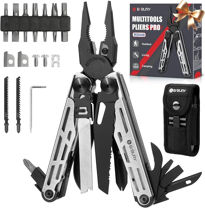 BIBURY Multitool Pliers with 440A Knife & Full Size Scissors, BI2045B | 31-in-1 Multi Tool with Replaceable Wire Cutters, Self-locking EDC Tool with Sheath, Ideal for Outdoor, DIY, Gift for Men