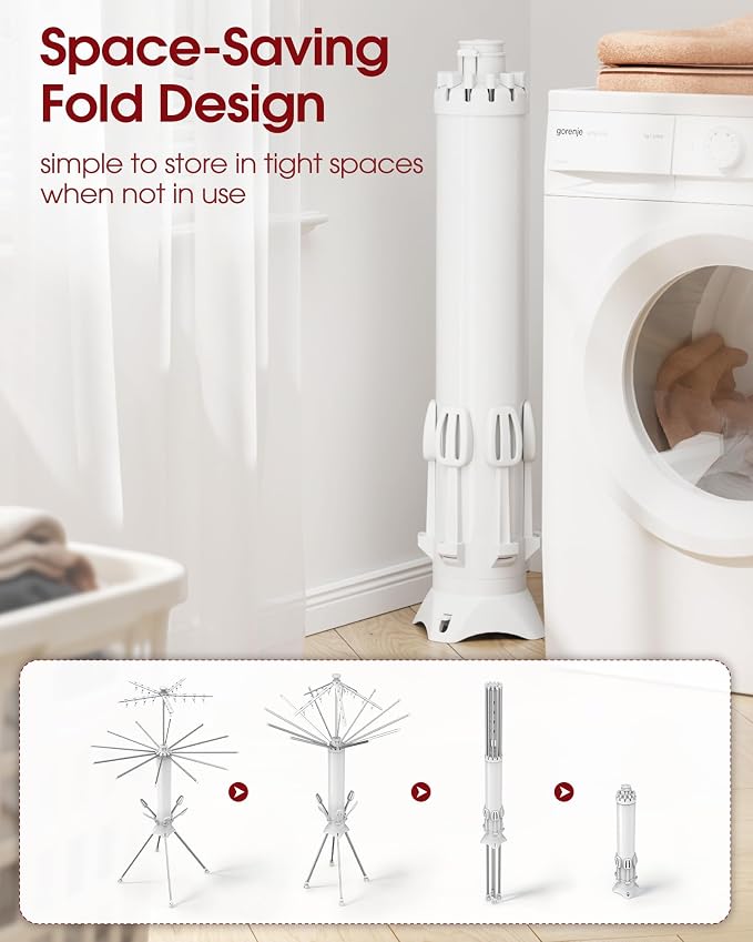 Sakugi Foldable Clothes Drying Rack with 12 Steel Arms, Clips & Shoe Holder | Laundry Room, Bedroom, Outdoor & Indoor Use, Collapsible, Reinforced Frame, 4 Leg Stable Base, White, 44"D x 44"W x 71"H