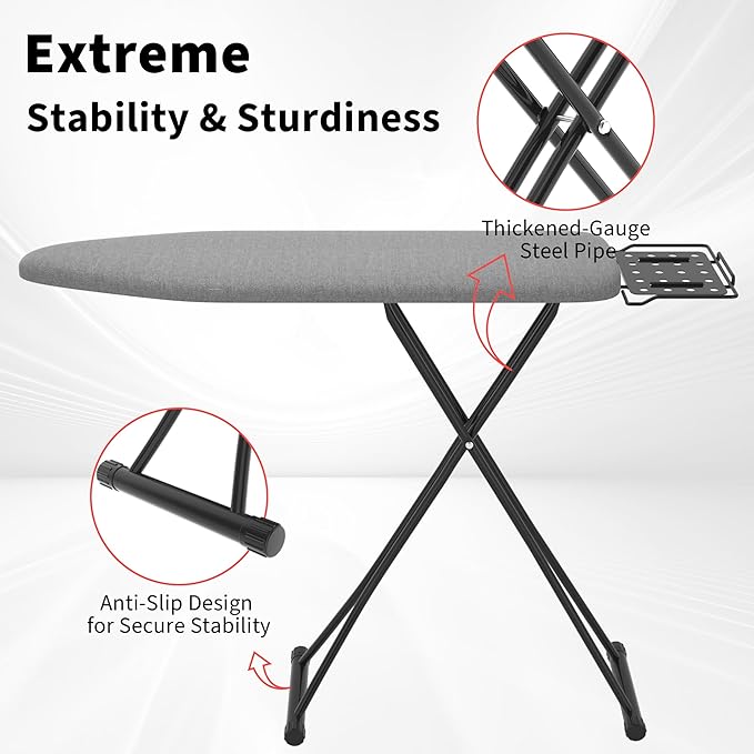 DIAMONDFORGE Ironing Board with Porous Iron Rest, 7 Adjustable Heights, 43" x 13", 3-Layer Heat-Resistant Cover & Pad for Home Laundry, Gray
