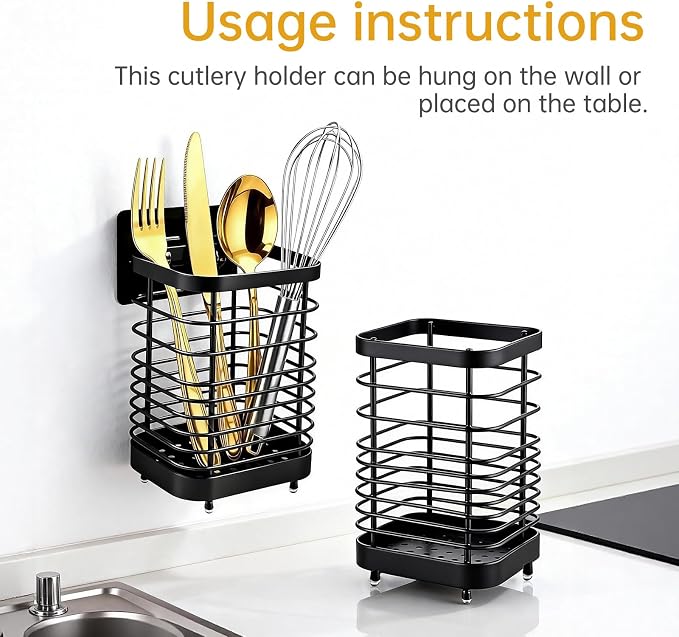 Stainless Steel Utensil Holder & Drying Rack for Kitchen Sink, Wall Mountable and Tabletop Cutlery Drainer Caddy for Spoons, Forks, Chopsticks (black)