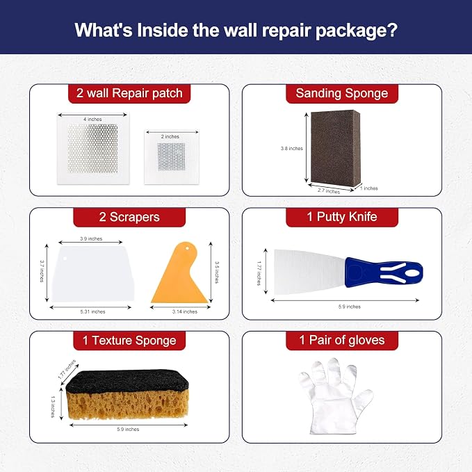 BONCART 17.2Oz Drywall Patch Repair Kit – Professional All-in-1 Tool Set | Includes Scrapers, Sanding Sponge, Texture Sponge, Gloves, Aluminum Patches, And Putty Knife. For Fast Wall Hole Repair