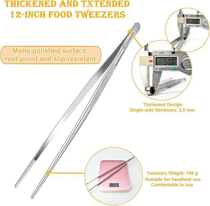 12-Inch Kitchen Tweezers, 18/8 Stainless Steel Metal Fine Tweezers Tongs, Professional Cooking Long Tweezers for Cooking, Chef, Serving Food, Grill, BBQ