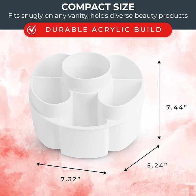Masirs Small 360 Rotating Makeup Organizer - Mini Yet Spacious Cosmetic Storage Solution with Multiple Compartments - The Perfect Spinning Make-Up Caddy for Vanity or Bathroom Counter (Round - White)