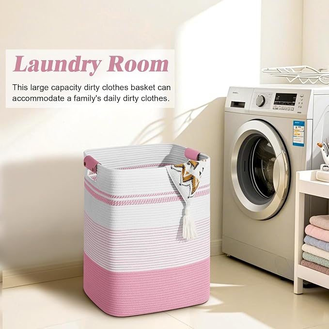 Laundry Hamper, 85L Tall Laundry Basket with Leather Handles, Rectangle Large Clothes Hamper for Organizing, Cotton Woven Laundry Baskets Storage Hampers for Bedroom, Nursery, Living Room