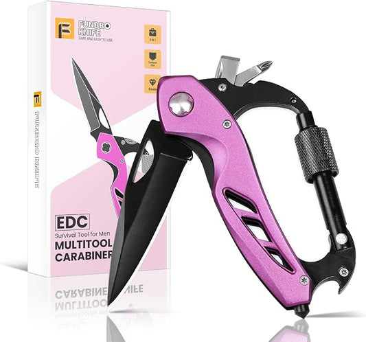 FUNBRO Pink Multitool Carabiner, Bottle Opener and Screwdriver | Stocking Stuffers Gifts for Mom Women Wife, 6-in-1 Keychain Multi Tools with Window Breaker