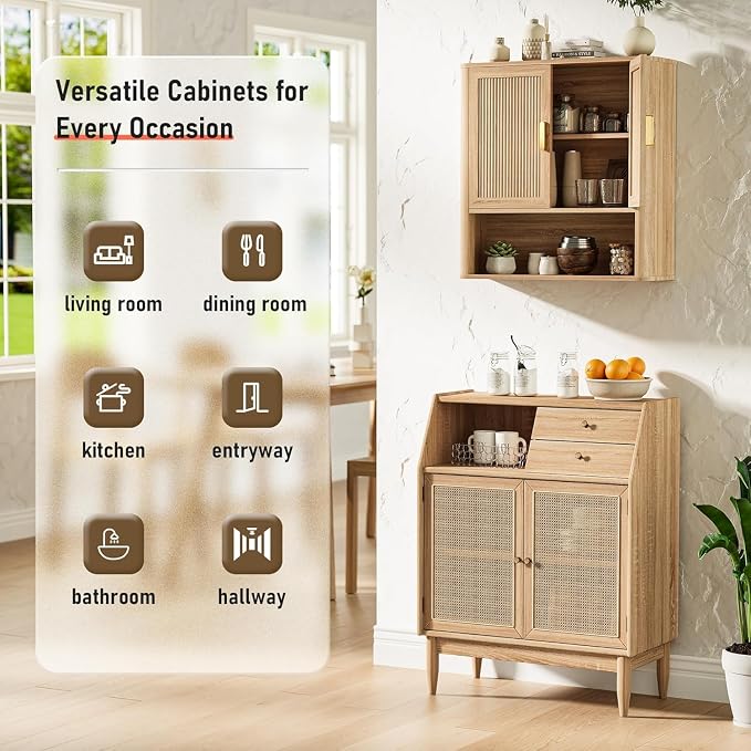 INNOD Bathroom Wall Storage Cabinet, Medicine Cabinet with Adjustable Wood Shelf & Doors, Over the Toilet Storage Cabinet for Laundry Room & Living Room Kitchen Storage Islands (Natural Oak)