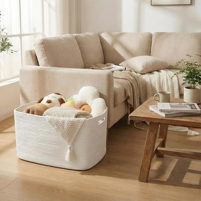 JMvicyroam 96L Large Woven Cotton Rope Blanket Basket, White | Blanket storage for living room or bedroom use, Freestanding with reinforced handles, Entire basket is machine washable