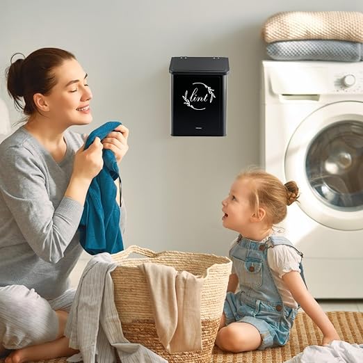 Magnetic Lint Bin for Laundry Room, Metal Lint Trash Can for Dryer | Metal construction, magnetic or wall-mounted, includes lint brush, flip lid, space-saving for laundry rooms, black finish