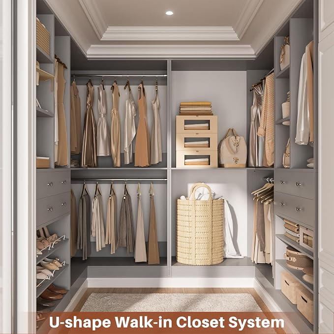 Besiost Closet System with 4 Drawers & Corner Tower, Closet Organizer System with 4 Hanging Robs, Reversible U Shaped Walk-in Closet System, Load 2600+LBS Capacity, Set of 4, Morandi Grey