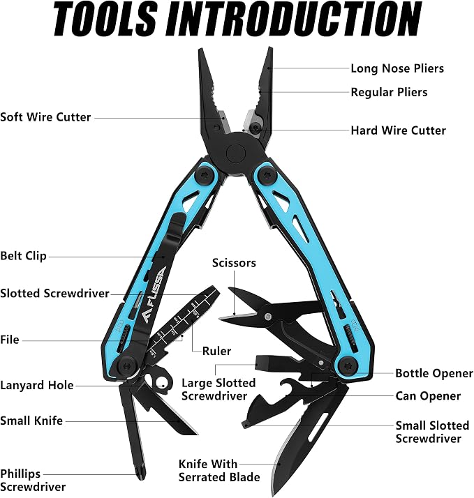FLISSA 16-In-1 Multi-Tool Pliers, EDC Multitool, Aqua Blue | Gift for Men, Stainless Steel, Pocket Knife, Belt Clip, Oxford Pouch, Safety Locking, For Camping, Survival & Outdoor
