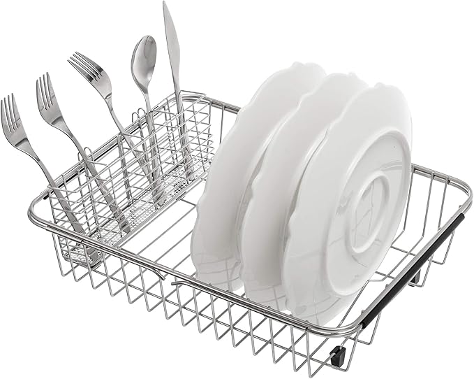 Slideep Cutlery Utensil Silverware Drying Rack, Flatware Storage Solution Basket with Hooks for Kitchen Dish Drainer Dish Drying Rack, RustProof 304 Stainless Steel