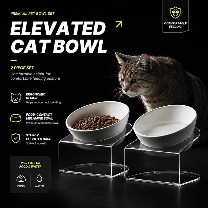 LivLab Mker Elevated Cat Food Bowl, Tilted Water Bowl,Anti Vomiting and Protect Pets' Spines Raised Melamine Pet Dishes for Small Dogs, Flat-Faced Cats & Kittens, White, 2 Pack