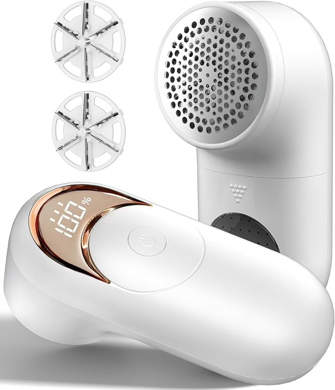 Fabric Shaver Lint Remover for Clothes, Portable Sweater Defuzzer | Rechargeable with LED Display, 3 Speeds, 2 Extra 6-Blade Heads, Removes Lint, Fuzz Fabric Pills from Clothing and Fabrics