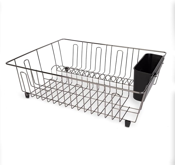 Large Wire Dish Drying Rack and Drainer, Kitchen Countertop Dish Rack for Plates, Cups and Utensils, Black/Chrome, 17.5" x 13.7" x 5.5"