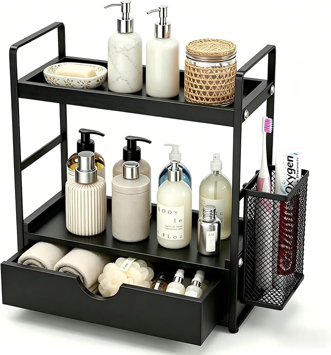 LEMIKKLE Bathroom Counter Organizer with Basket, Bathroom Organizers and Storage,Skincare Organizers for Vanity,Storage Organizers for Bathroom, Kitchen, Dresser (Black with Drawer)