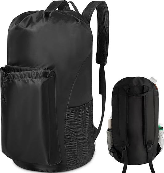 Extra Heavy-Duty Laundry Bag, Black,13.5x29" | Backpack, Large Capacity, Drawstring, Padded Shoulder Straps, 4 Pockets & ID Tag, For Dorm, College, Travel