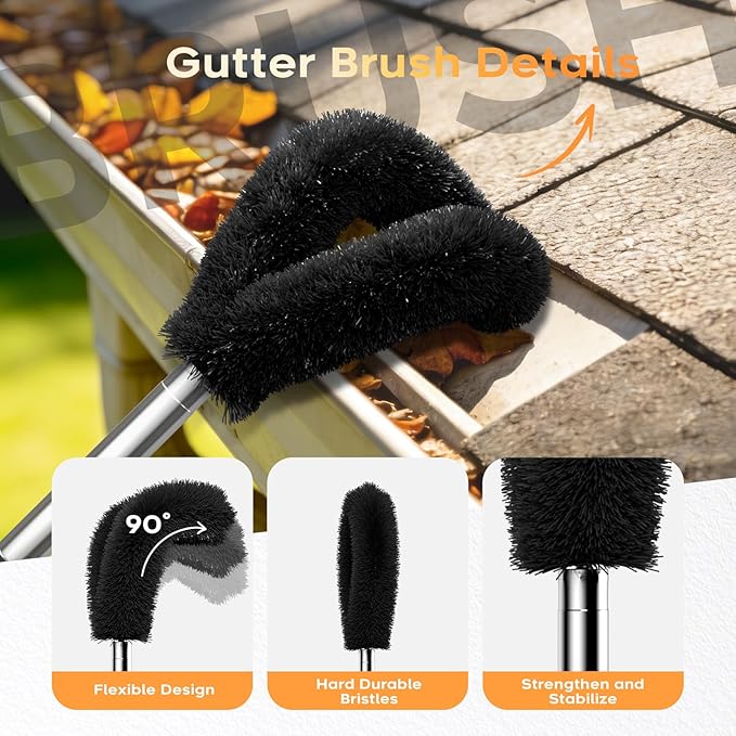 13ft Gutter Cleaning Tools from Ground, No Ladder Needed, 3-in-1 Gutter Cleaner Pole with Replaceable Brush Shovel Scraper, 180° Adjustable Angle for Leaves & Debris Cleaning with Grip Tapes