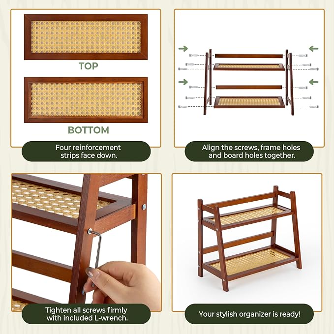 ANBOXIT Matcha Station Organizer, Countertop Bamboo Coffe & Tea Station | Rattan-Look 2 Tier Mug Holder Display Stand for Kitchen Condiment, Coffee Accessories, Home, Office - Brown