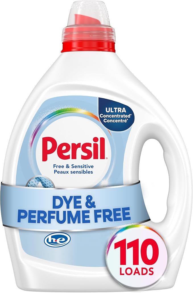 Persil Free & Sensitive Liquid Laundry Detergent, 110 Loads, 82.5 Fl Oz | Deep Clean & Care, Unscented Dye Free, Hypoallergenic for Sensitive Skin, Ultra Concentrated, HE Safe, All Water Temperatures