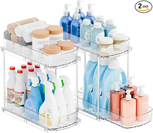 Yieach 2 Pack 13.8″ Deep 2 Tier Under Sink Storage Organizer,Large Pull Out Bathroom Organizers and Storage,Slide Out Acrylic Undersink Storage Shelf,Kitchen Under Sink Organizer for Cleaning Products