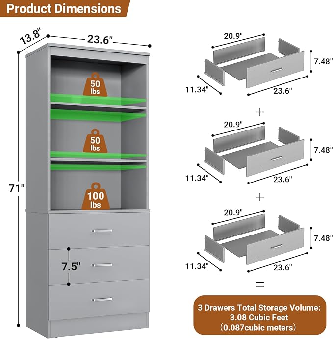 Aheaplus 47.2" Closet Drawers System, 3.94FT Wood Closet Organizer System with 3 Drawers, Modular Small Walk-in Closets Storage Unit, Set of 2, Grey (47.2" L x 13.8" W x 71" H)