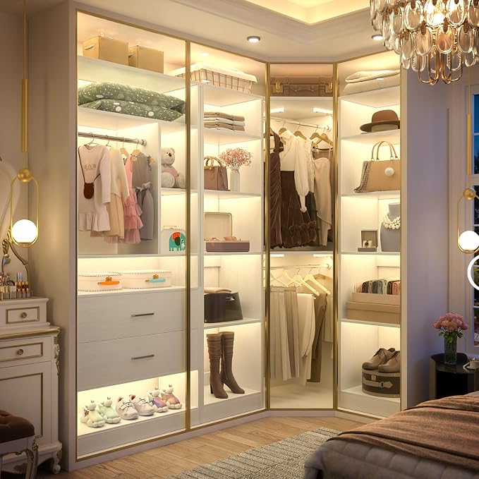 Besiost Corner Closet System with 2 Sets, 63.2" Corner Closet Organizer System with 2 Drawers + 18 Shelves + 3 Hanging Rods, Reversible L Shaped Walk-in Closets, White (63.2" L x 39.2" W x 80" H)