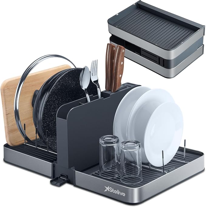 Foldable Dish Drainer Rack with Removable Cutlery Holder Stainless-Steel Dish Drying Rack with Dual Parts, Space-Saving Dish Rack, Rustproof Utensil Drainer for Kitchen Counter, Gray/Steel