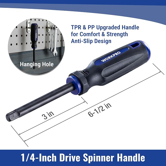 WORKPRO 39PC Drive Black Phosphate Finish CR-V Socket Set(1/4" & 3/8") | Metric & SAE, Quick-Release Ratchet Wrench, Extension Bar, Spinner Handle & Adapter, Compact, Automotive Repair