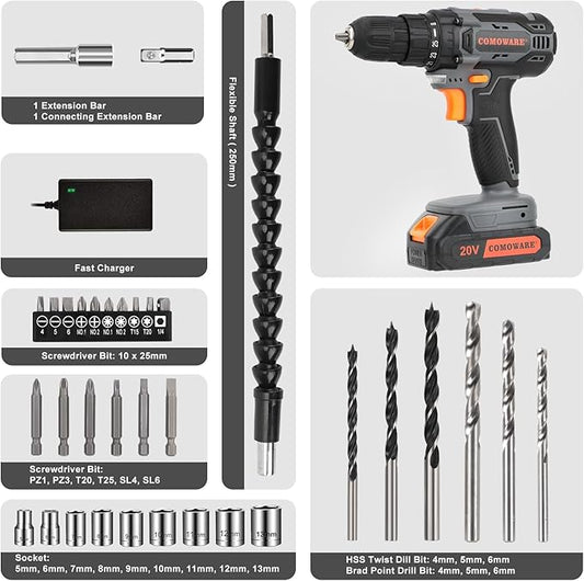 COMOWARE Cordless Drill Set, 20V Electric Power Drill Set,1 Battery & Charger, 3/8" Keyless Chuck, 2 Variable Speed, 266 In-lb Torque, 25+1 Position, Orange