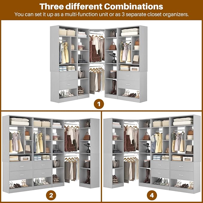 Besiost Large Corner Closet System with 3 Sets, 87.2" Closet Organizer System with 4 Drawers & 4 Hanging Rods, Reversible L Shaped Walk-in Closets, Load 2000+LBS, Grey (87.2" L x 39.2" W x 80" H)