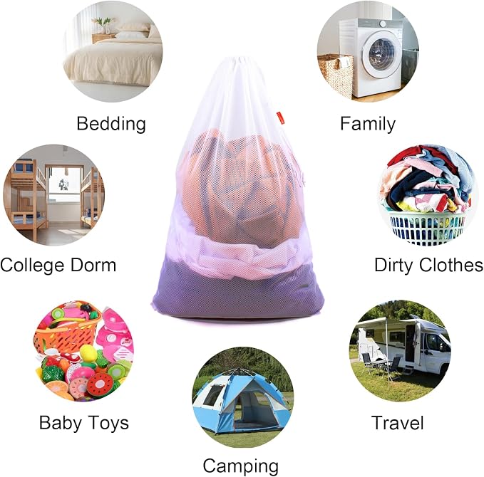 2 Pack Mesh Laundry Bags, 24 x 36 Inches Heavy Duty Drawstring Bag, Factories, College, Dorm, Travel and Apartment Dwellers, Black&White