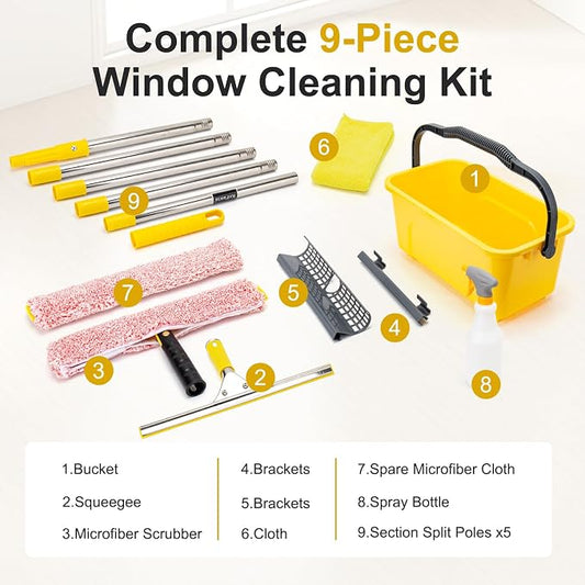 Professional Window Cleaning Kit with Bucket 3 Gallon,Window Washing Kit with 6FT Extension Pole,14" Squeegee,15" Scrubber,Spray Bottle,Window Washing Equipment Cleaning Tool for Outdoor Home
