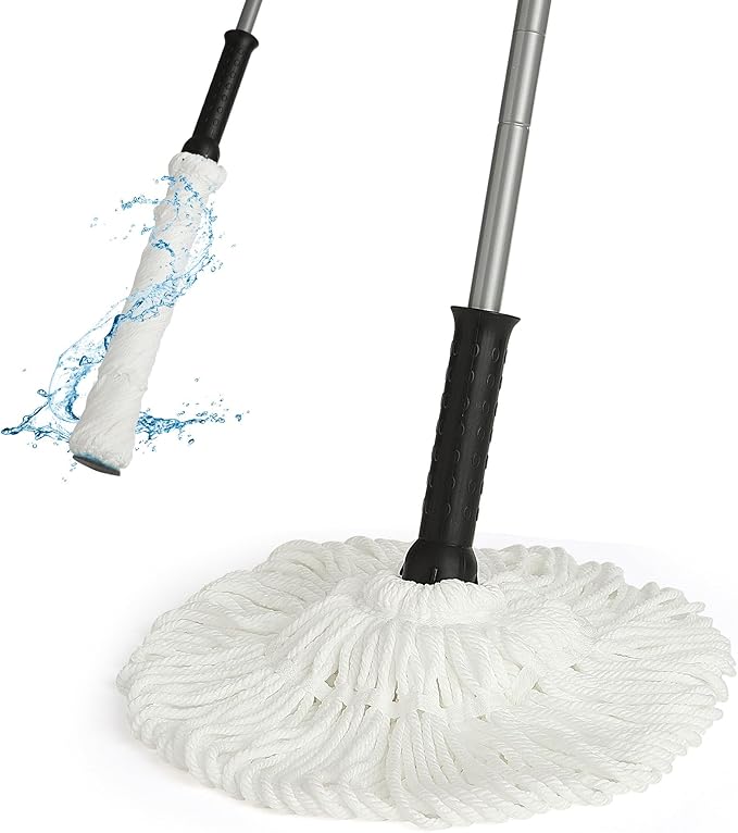 Eyliden Twist Mop - Simple, 57" Long Handle, Self-Wringing Microfiber String Mop for Floor Cleaning, Traps Dust & Pet Hair, Absorbs Spills Quickly, Safe for All Floor Types, JX-0001, White