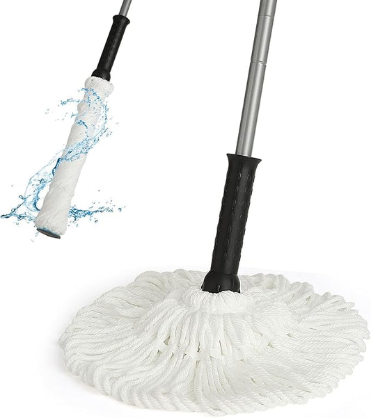 Eyliden Twist Mop - Simple, 57" Long Handle, Self-Wringing Microfiber String Mop for Floor Cleaning, Traps Dust & Pet Hair, Absorbs Spills Quickly, Safe for All Floor Types, JX-0001, White