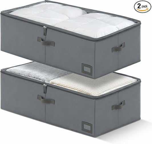 10" High Capacity Under Bed Storage Bins (2-Pack, Grey), Deep 600D Heavy Duty Oxford Fabric Storage Box for King Size Comforters, Pillows & Large Blankets