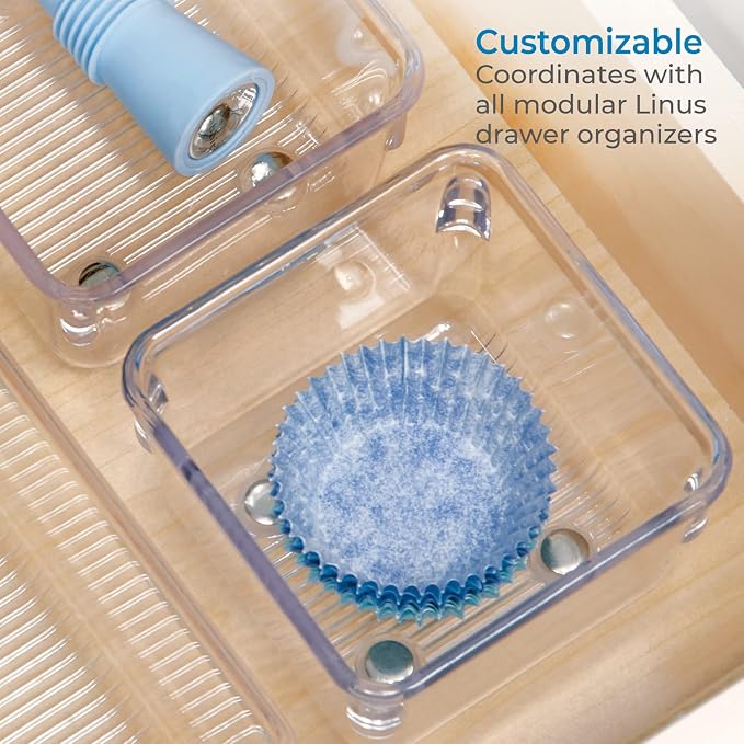 iDesign Linus Plastic Kitchen Drawer Organizer for Silverware, Spatulas, Cutlery, Gadgets, Office Supplies, Cosmetics, 4" x 4" x 3", Set of 2, Clear | Storage for Kitchen, Storage for Bathroom, Storage for Desk Drawers