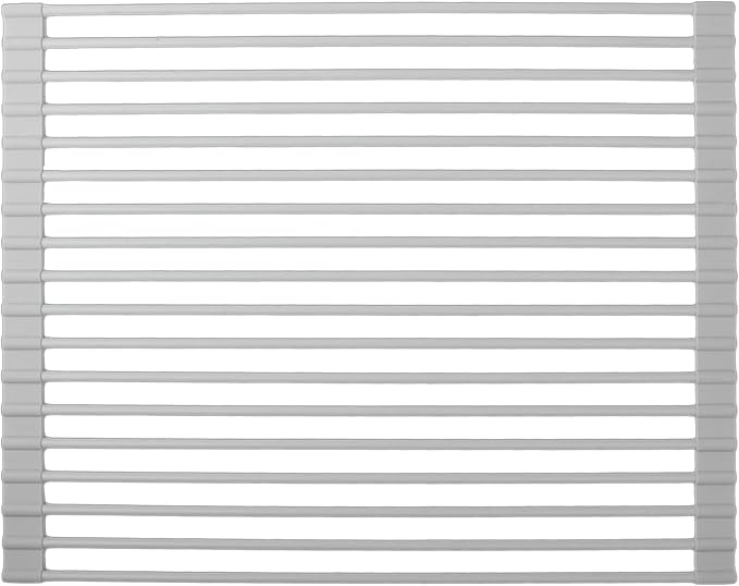 Roll up Dish Drying Rack Silicone Wrapped Stainless Steel 17in x 13in, Grey