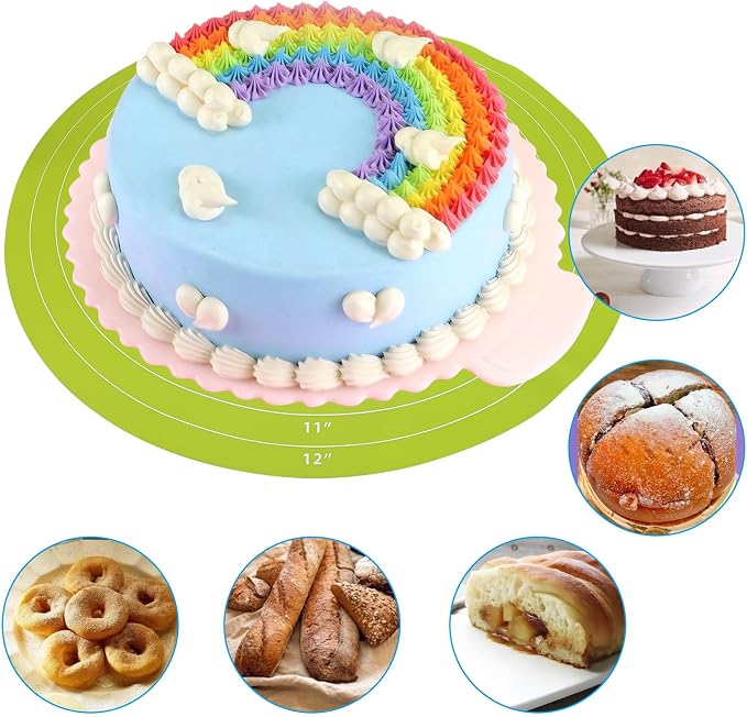 12 Inch Round Silicone Cake Mat with Measurements, Non-Stick Baking Mat for Cake Turntable, Dough Rolling, Cookies & Pizza, Heat Resistant Reusable Pastry Pad(Green)