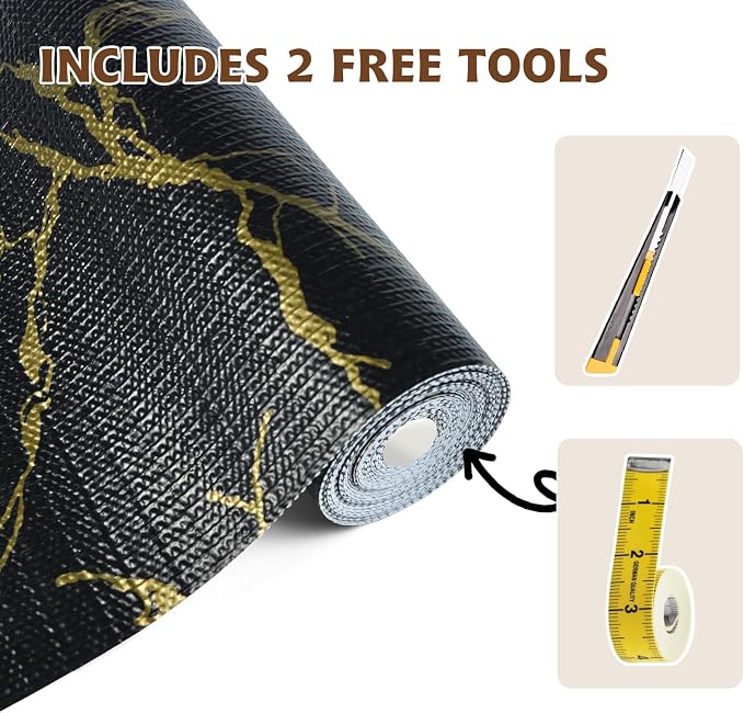 2-Layer Drawer and Shelf Liner for Kitchen Cabinet: 23.6in X 20Ft Non Slip | Waterproof Shelf Paper Non Adhesive Refrigerator Liners Black/Gold Marble Easy Liners for Bathroom with Knife Tape Measure