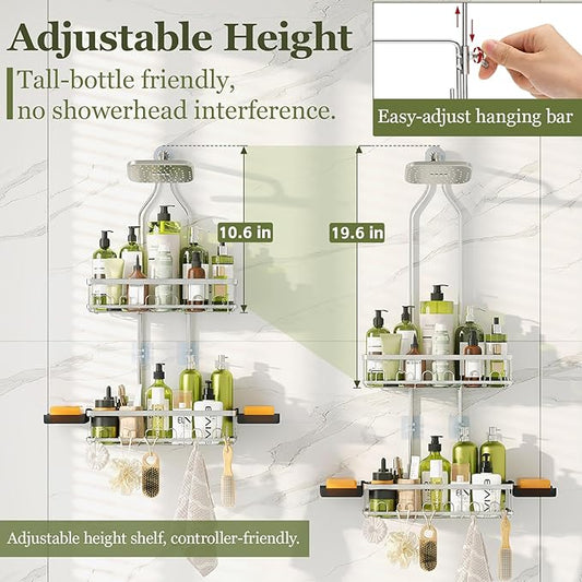 Skyapex Shower Caddy Hanging: Adjustable Height, Rustproof Shelves with Hooks, 2 Soap Holders - Silver Shower Organizer Over Showerhead