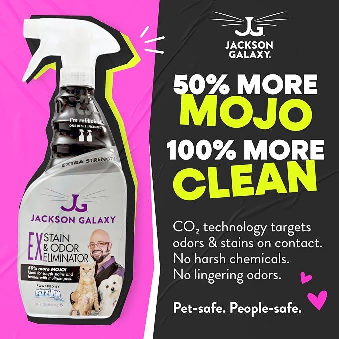 Jackson Galaxy EX Stain & Odor Eliminator, Cat & Dog Urine Remover, 23 oz | CO2 Powered Pet Pee Cleaner Spray, Reusable Bottle with Refill Included, Fast Acting on Carpet, Couch & Floors, Non-Toxic