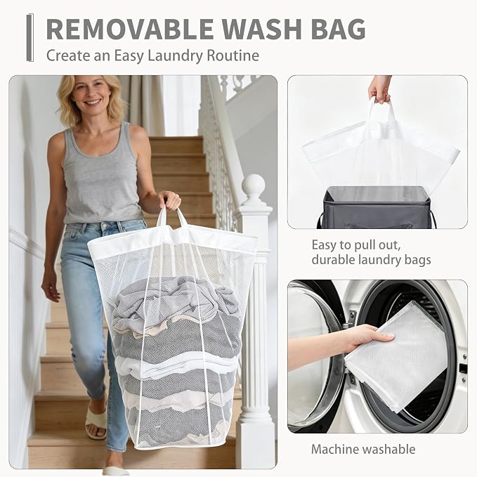 CHICVITA 100L Large Rolling Laundry Basket with Wheels & Wash Bag, Grey | Collapsible design saves space for corners and dorms. Removable wash bag for easy laundry transport