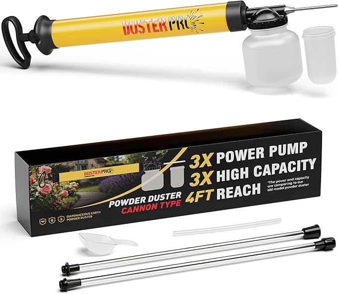 Diatomaceous Earth Cannon Pump Large Capacity Powder Duster with 4FT Reach | High-Efficiency Dusting•No More Sore Hand•Adjustable Powder Output•Dual-Tank Flexibility•Clog Free•Powder Applicator