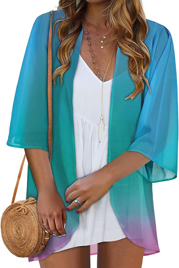 Women Kimono Cardigans Summer Cover Up Hawaiian Shirts Floral Print Tops | ROSEMIA chiffon kimono open front cardigans, beach cover ups, daily casual tops, cruise outfits, summer resort wear
