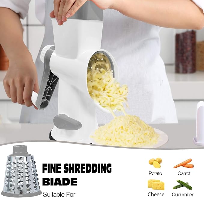 Cheese Grater with Handle,Multifunctional Rotary Cheese Grater,Kitchen Cheese Shredder Can Easily Chop Vegetables,Potatoes,Carrots,Etc.The Suction Cup is Stable and Easy to Clean (white)